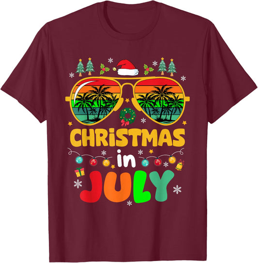 Funny Santa Hat Sunglasses Christmas in July Men Women Kids T-Shirt - T-Shirt | Maroon