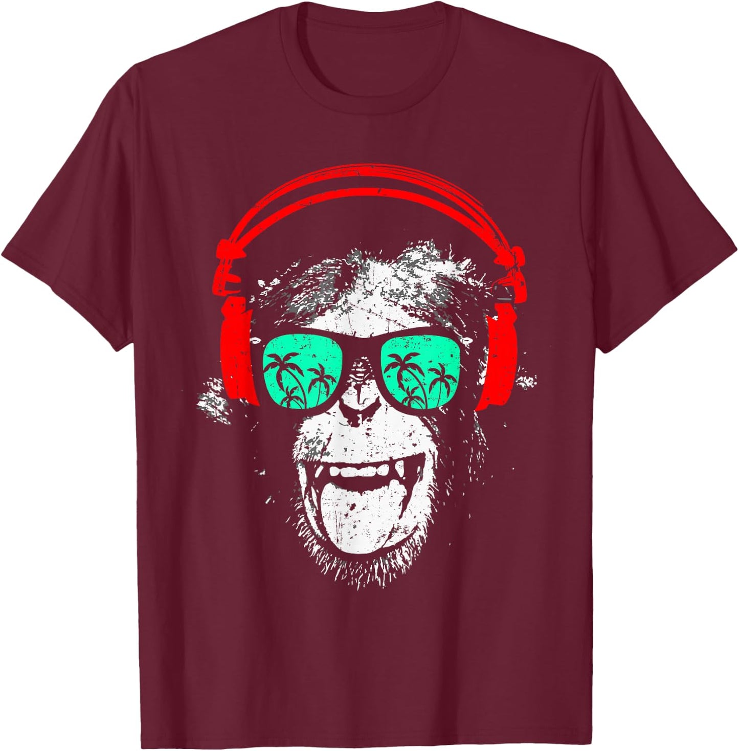 Monkey DJ with Headphones and Sunglasses Gift , black T-Shirt - T-Shirt | Maroon