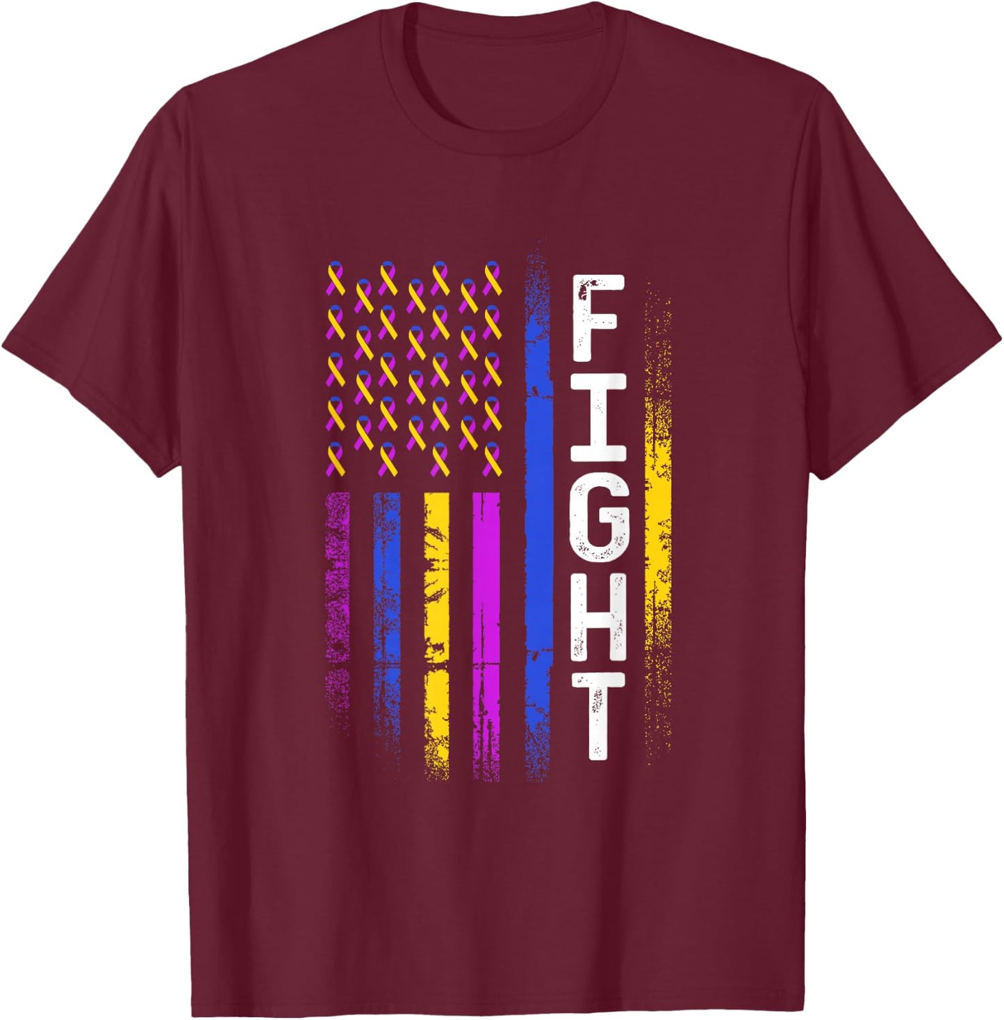 Bladder Cancer Flag Purple Yellow Blue Ribbon Awareness T-Shirt - T-Shirt | Maroon