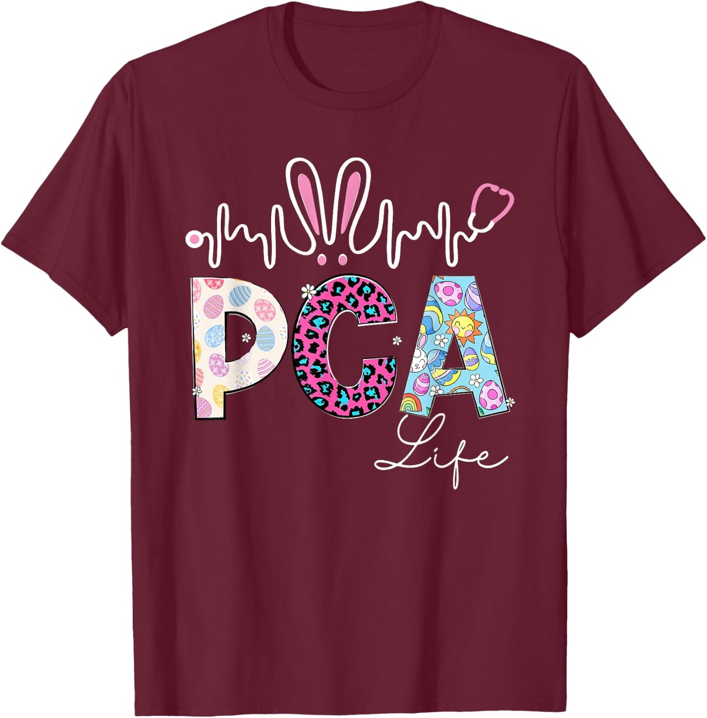 PCA Life Stethoscope Leopard Cute Easter Bunny Easter Day T-Shirt - T-Shirt | Maroon