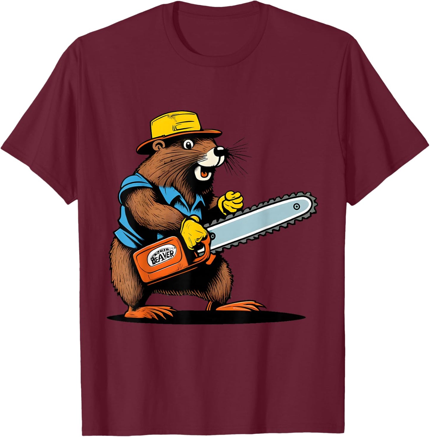 Lumber Jack Beaver with Chainsaw - Retro Comic Art Funny T-Shirt - T-Shirt | Maroon