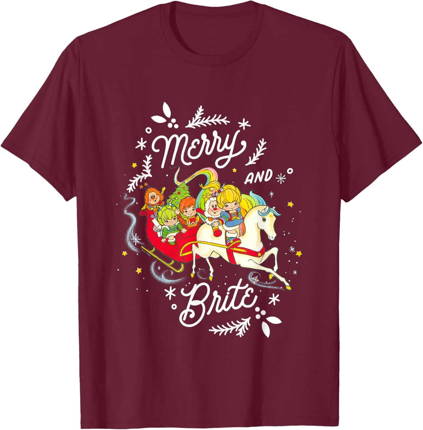 Rainbow Brite Christmas Merry & Brite Sleigh Ride T-Shirt - T-Shirt | Maroon