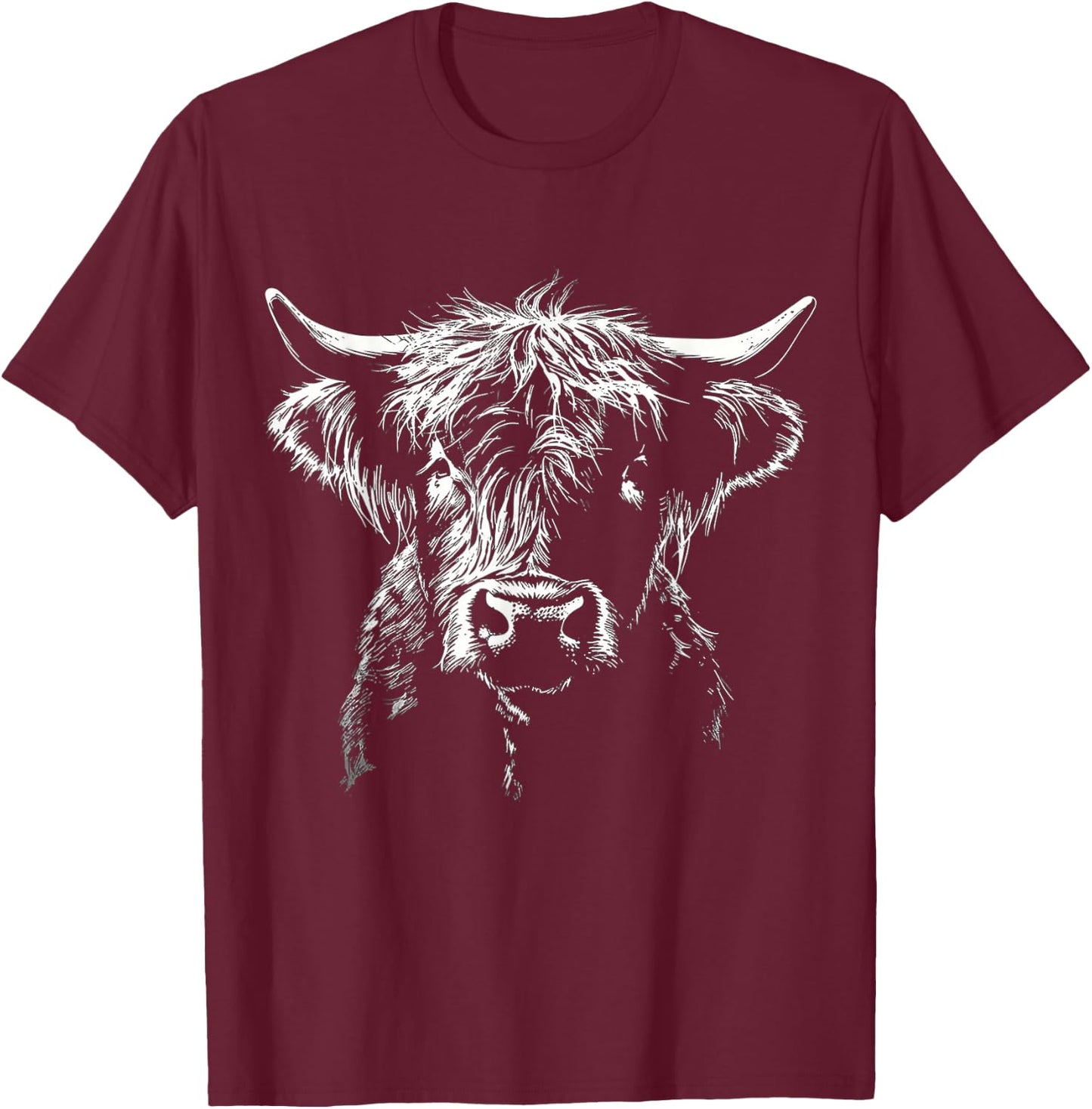 Highland Cow Art Animal Portrait Farm Graphic Highland Cow T-Shirt - T-Shirt | Maroon