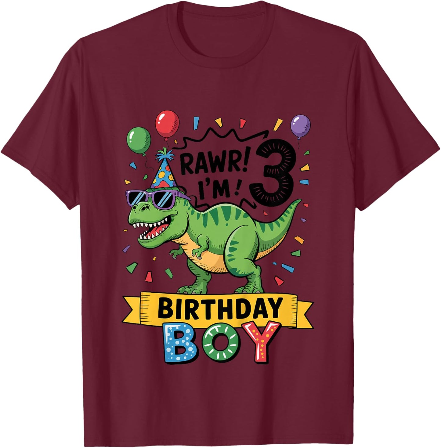 Kids 3rd Birthday Boy Dinosaur T-Rex Rawr I'm Three Years Old T-Shirt - T-Shirt | Maroon