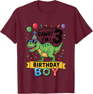Kids 3rd Birthday Boy Dinosaur T-Rex Rawr I'm Three Years Old T-Shirt - T-Shirt | Maroon