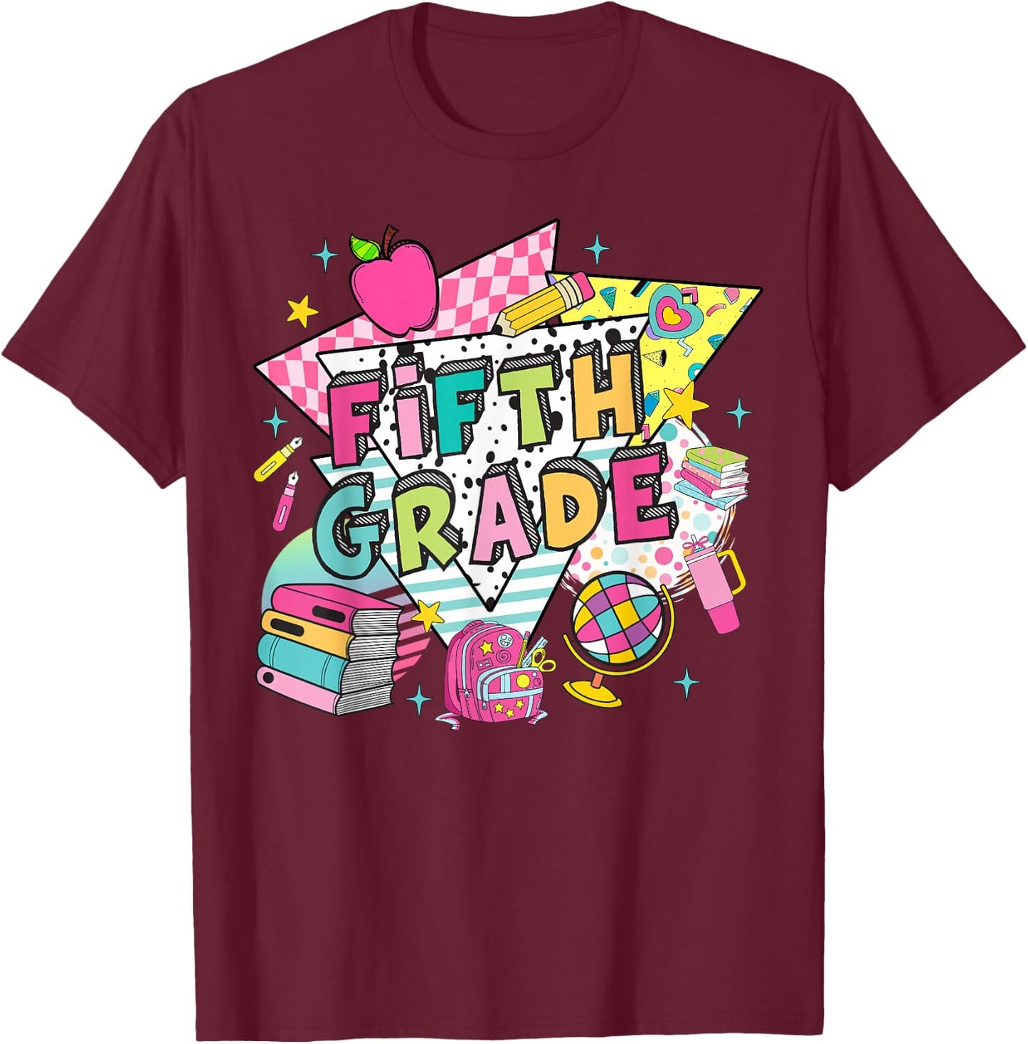 Fifth Grade Teachers Students Retro 90s Back To School T-Shirt - T-Shirt | Maroon