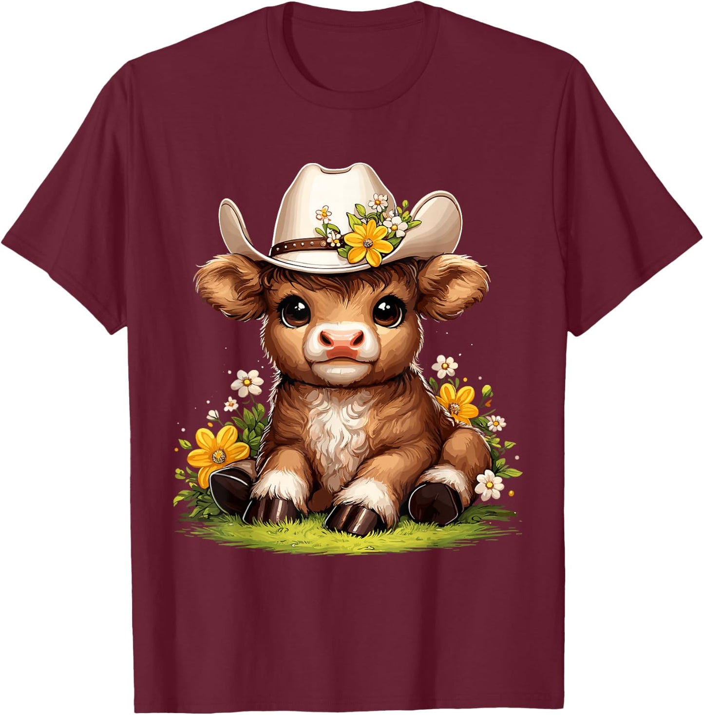 Scottish Highland Cow Flowers Cattle Hairy Cow T-Shirt - T-Shirt | Maroon