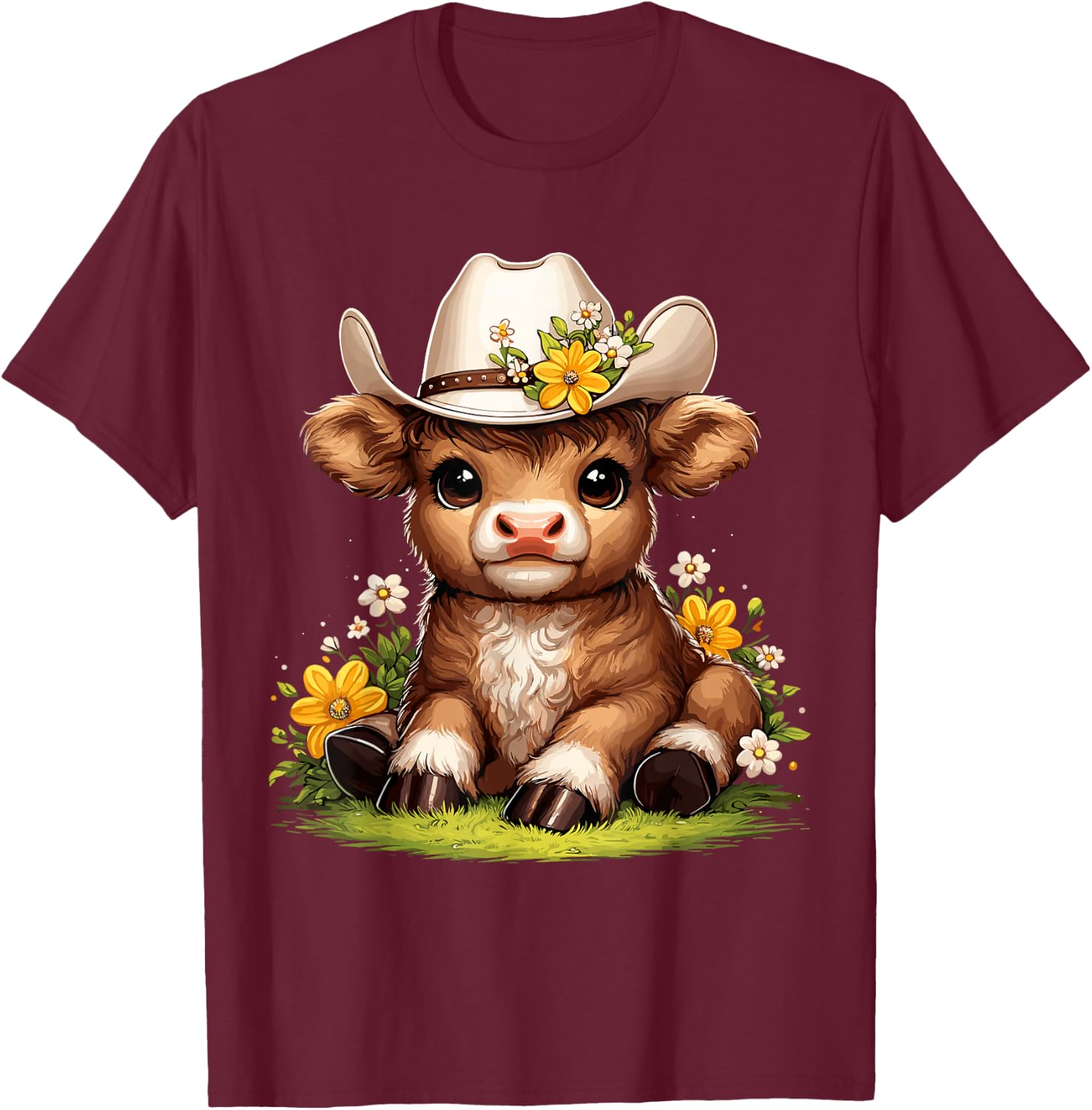 Scottish Highland Cow Flowers Cattle Hairy Cow T-Shirt - T-Shirt | Maroon