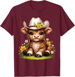 Scottish Highland Cow Flowers Cattle Hairy Cow T-Shirt - T-Shirt | Maroon