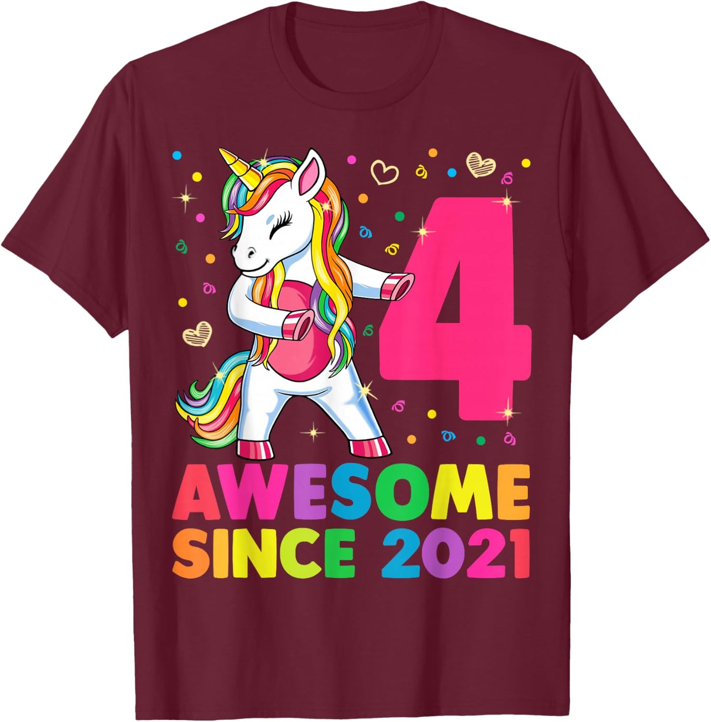 4 Years Old Unicorn Flossing 4th Birthday Girl Unicorn Party T-Shirt - T-Shirt | Maroon