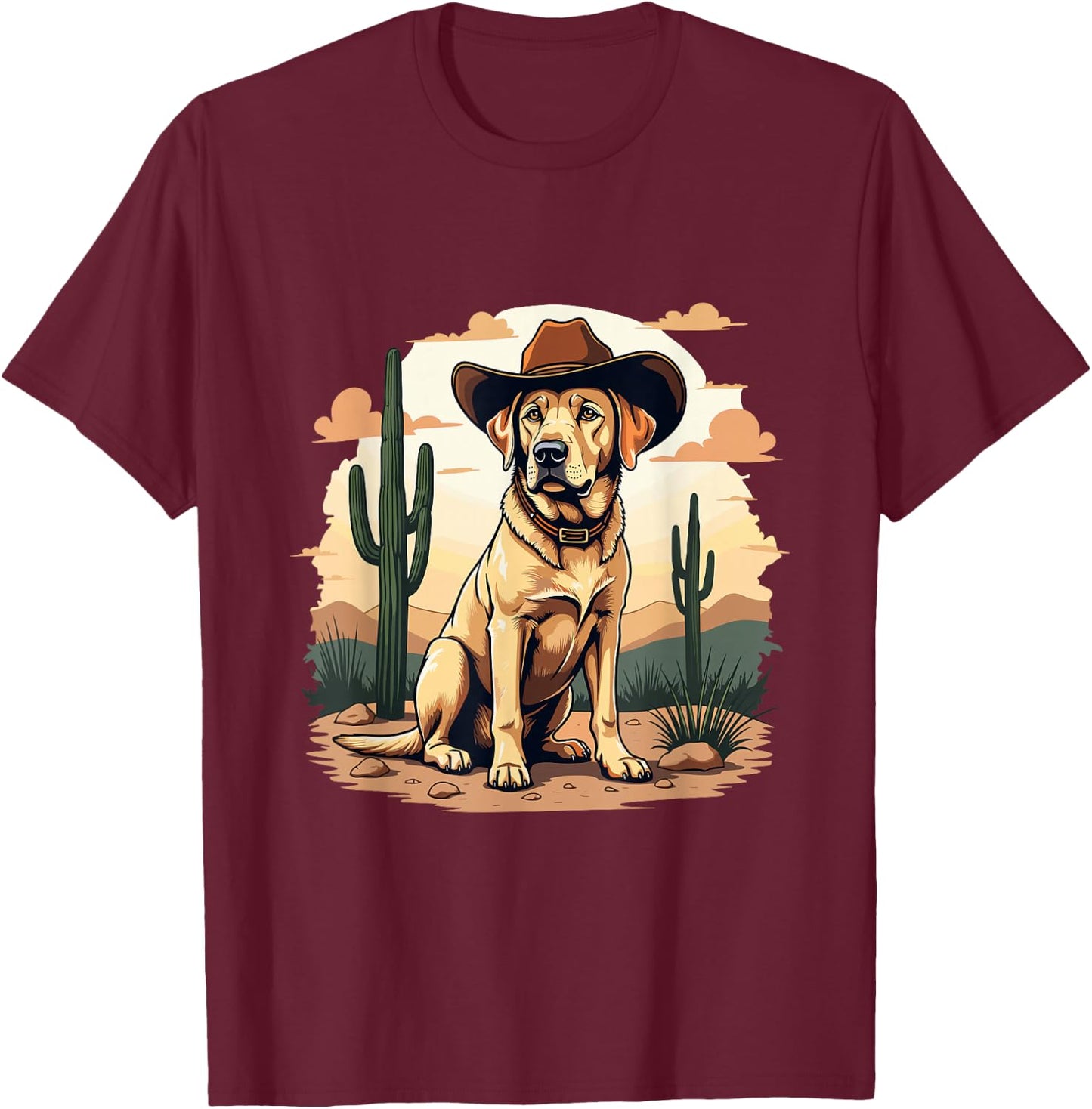 Labrador Cowboy Hat Cactus Desert Funny Lab Dog T-Shirt - T-Shirt | Maroon