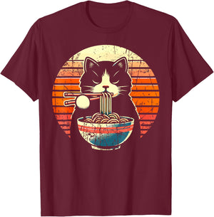 Cat Ramen Noodle Japanese Anime Kawaii Cat T-Shirt - T-Shirt | Maroon