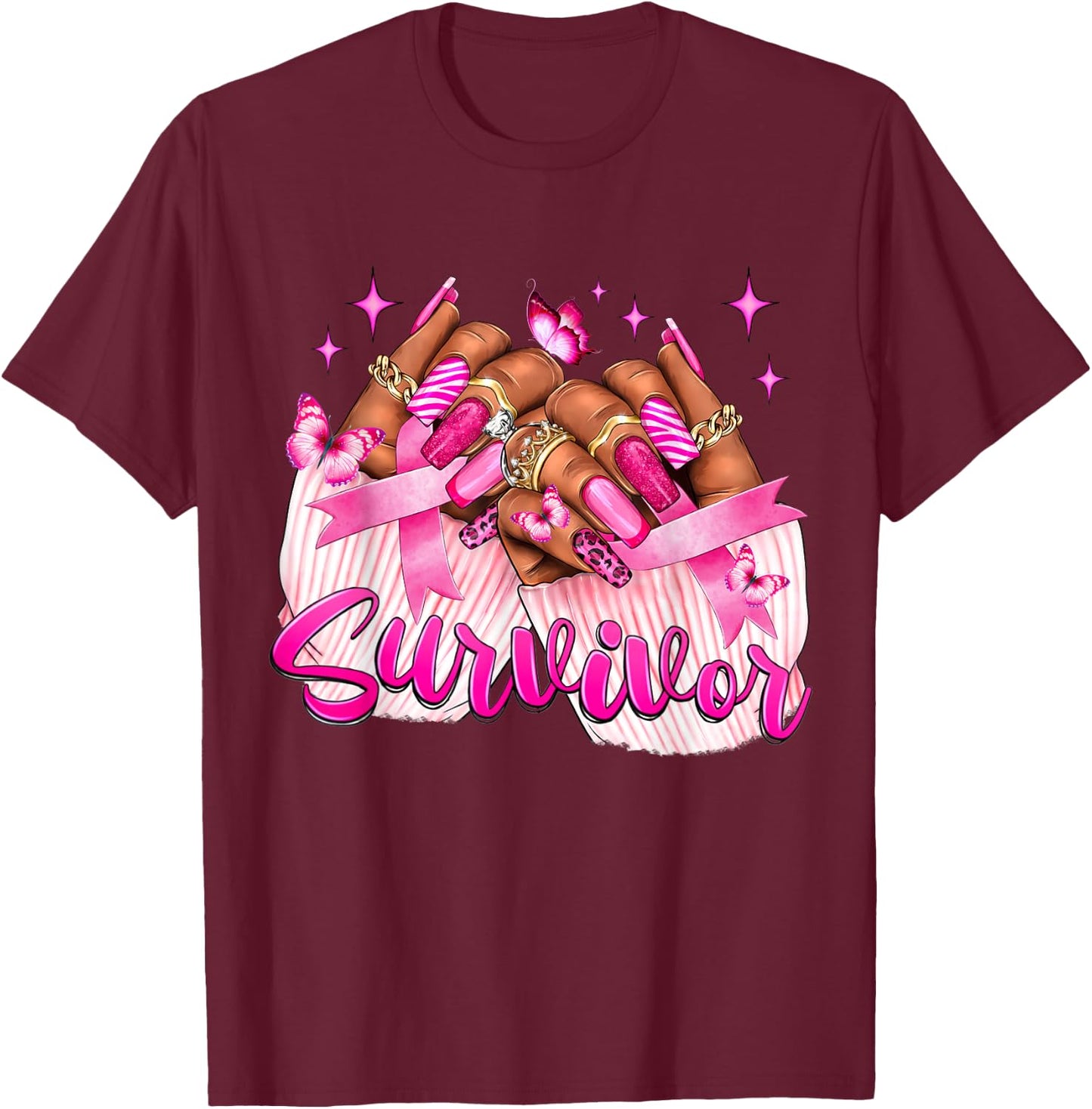Breast Cancer Survivor Awareness Black Woman Nails Pink T-Shirt - T-Shirt | Maroon