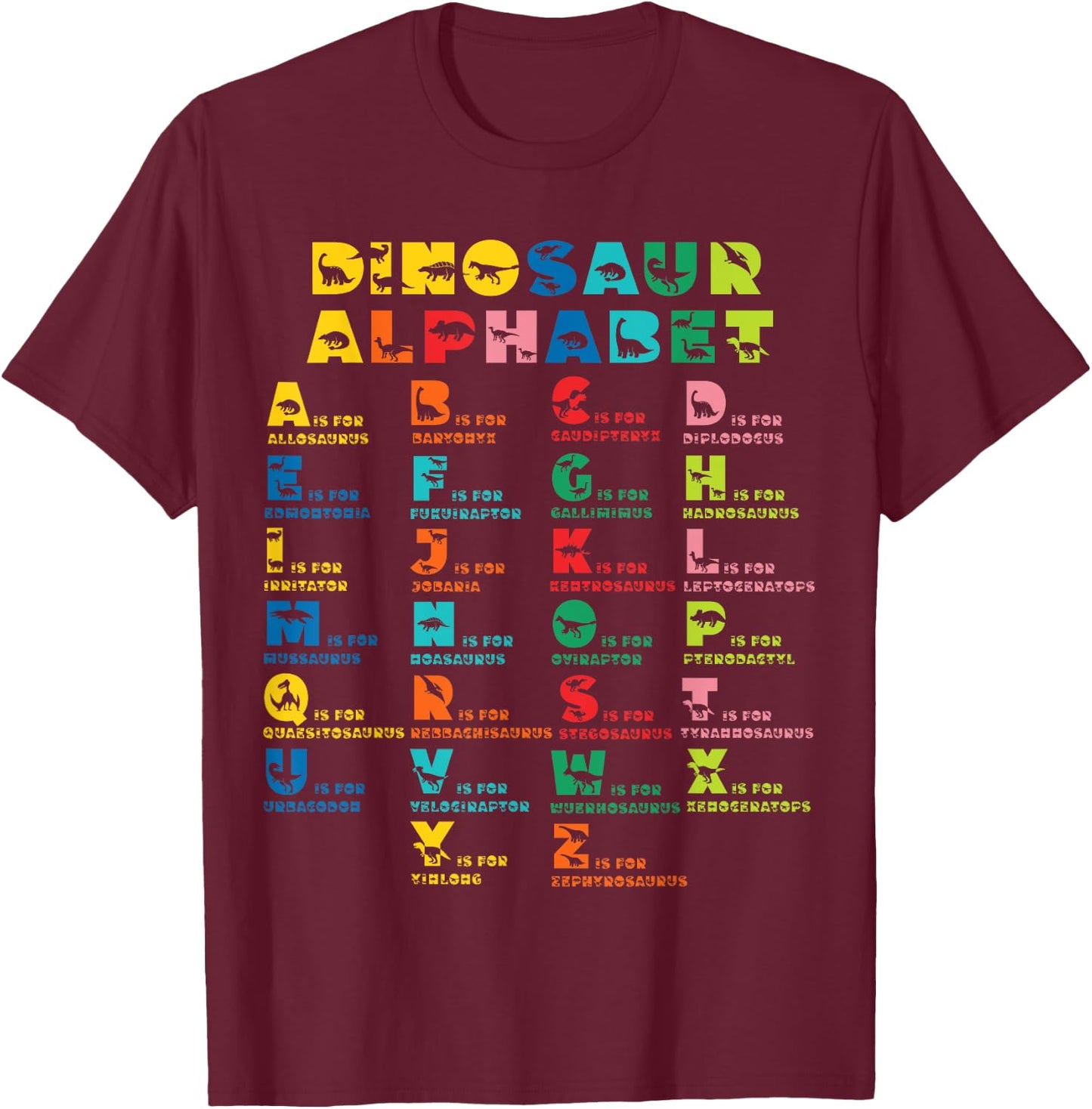 Types Of Dinosaurs Alphabet A-Z ABC Dino Identification kids T-Shirt - T-Shirt | Maroon