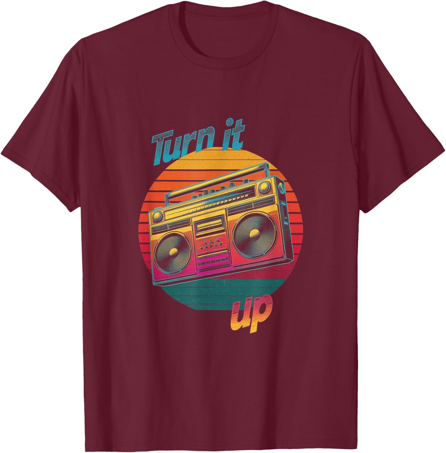 Retro Boombox Turn It Up Design T-Shirt - T-Shirt | Maroon