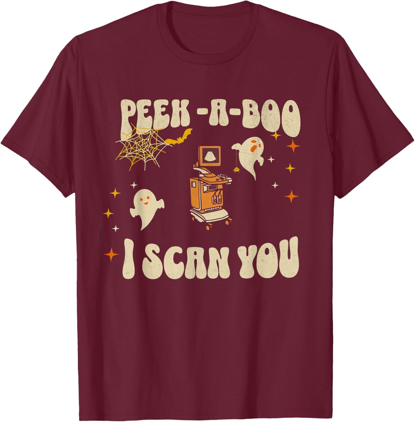 Retro Ultrasound Peek-A-Boo Halloween Ghost Sonography Crew T-Shirt - T-Shirt | Maroon