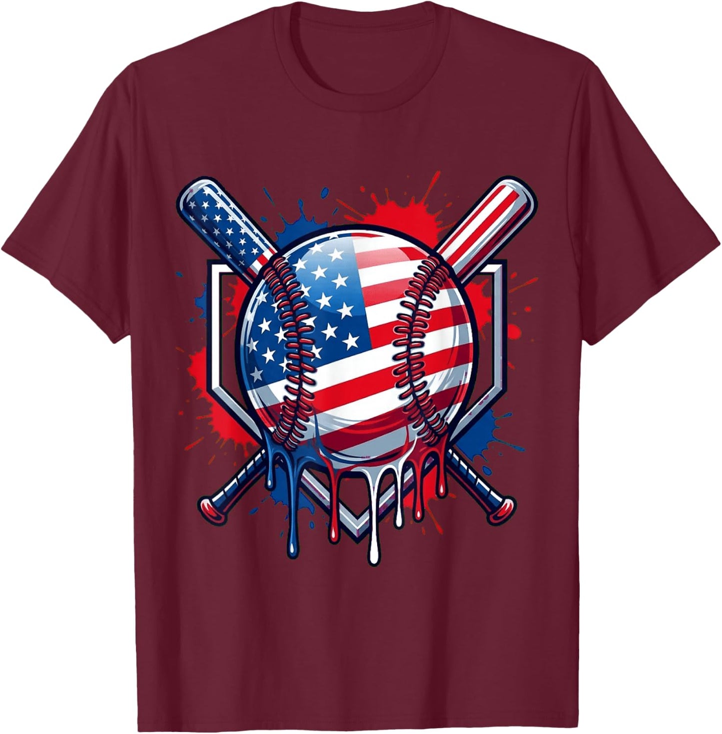 Baseball Drip American Flag Men Women Kids Youth 4th of July T-Shirt - T-Shirt | Maroon