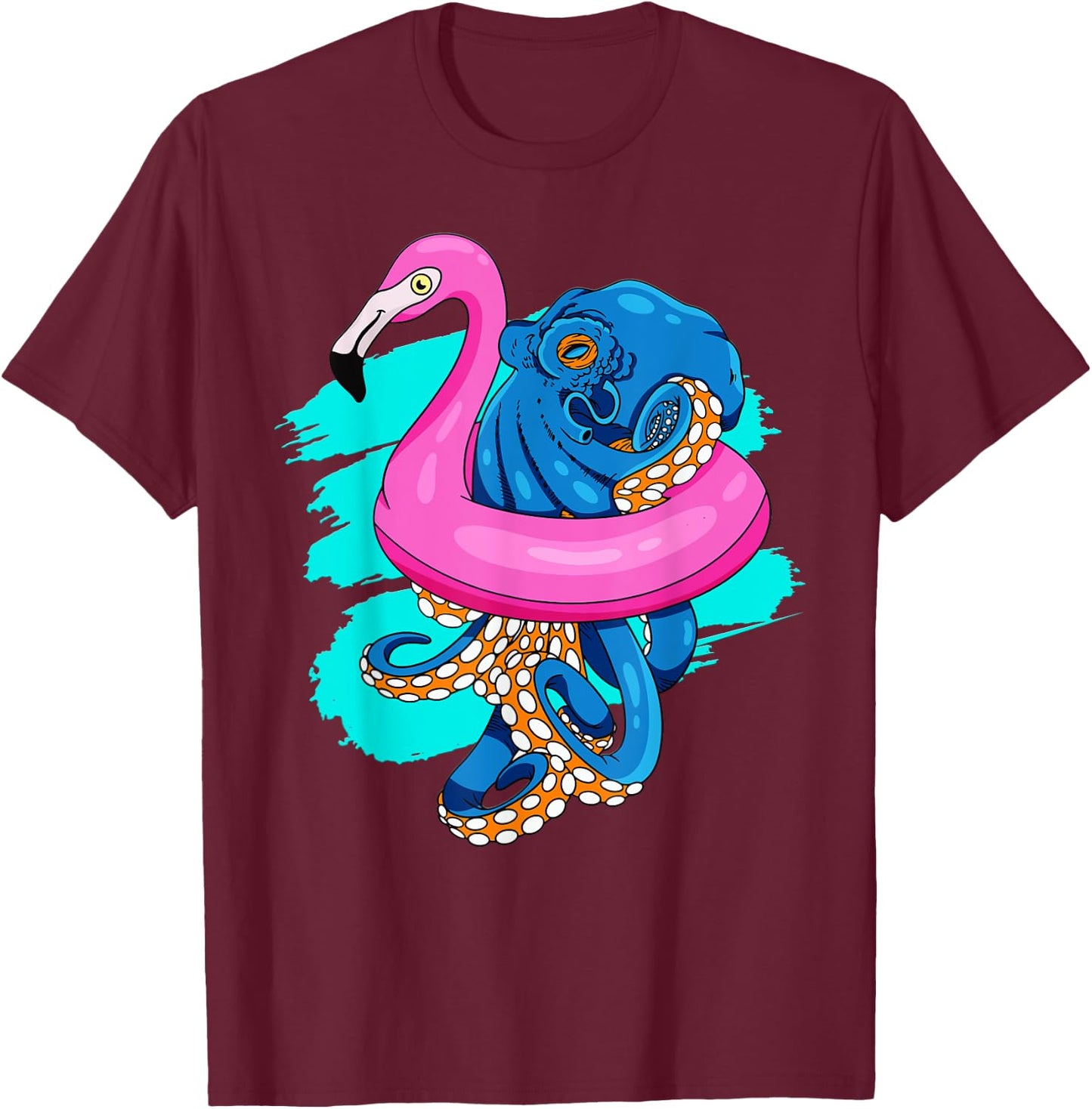 Blue Octopus In Pink Flamingo Swimming Pool Fun Octopus T-Shirt - T-Shirt | Maroon