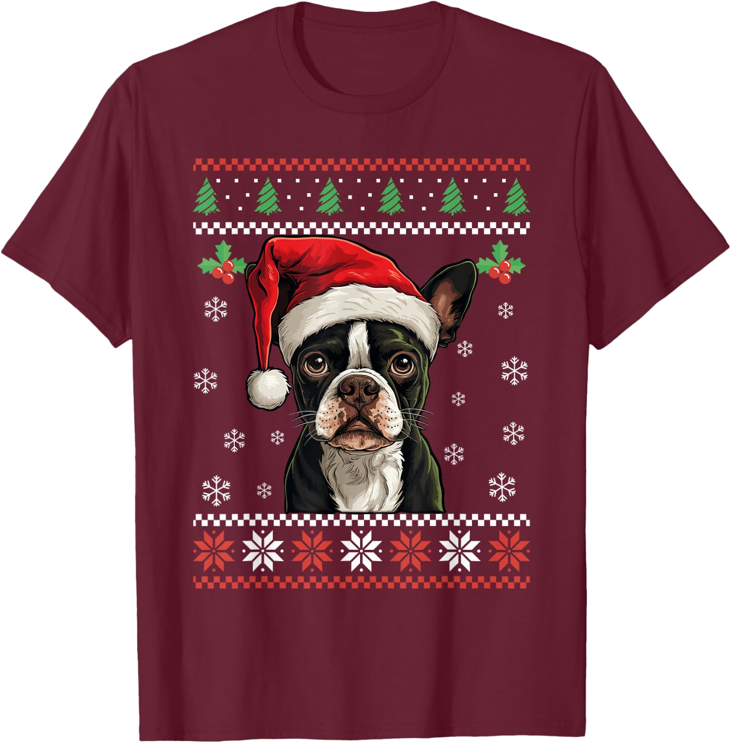 Boston Terrier Ugly Christmas Sweater Xmas For Adults Kids T-Shirt - T-Shirt | Maroon