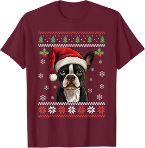 Boston Terrier Ugly Christmas Sweater Xmas For Adults Kids T-Shirt - T-Shirt | Maroon
