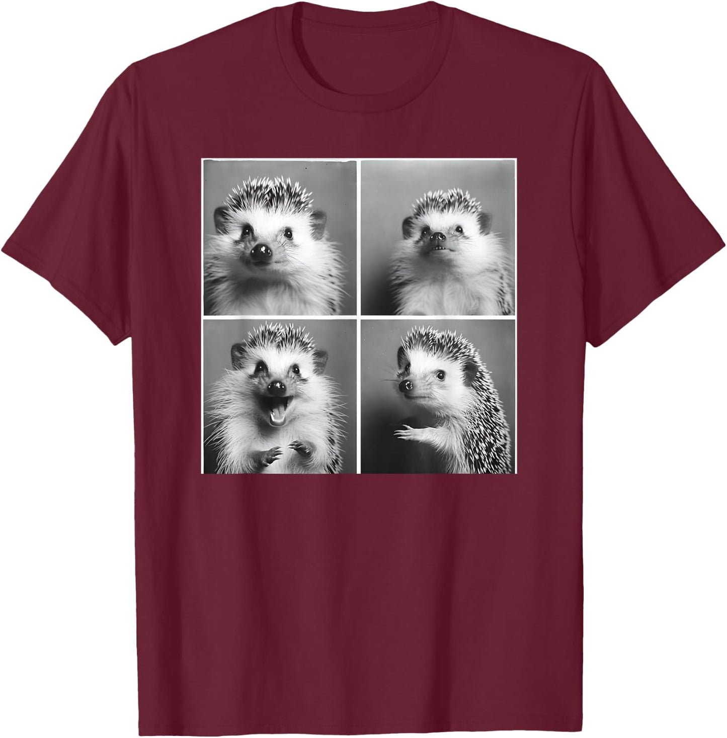 Cute Hedgehog Wildlife Photography -Adults Kids - Black - Small - Short Sleeve - Modern - Cartoon Animal - Hedgie Photo Funny Animal T-Shirt - T-Shirt | Maroon