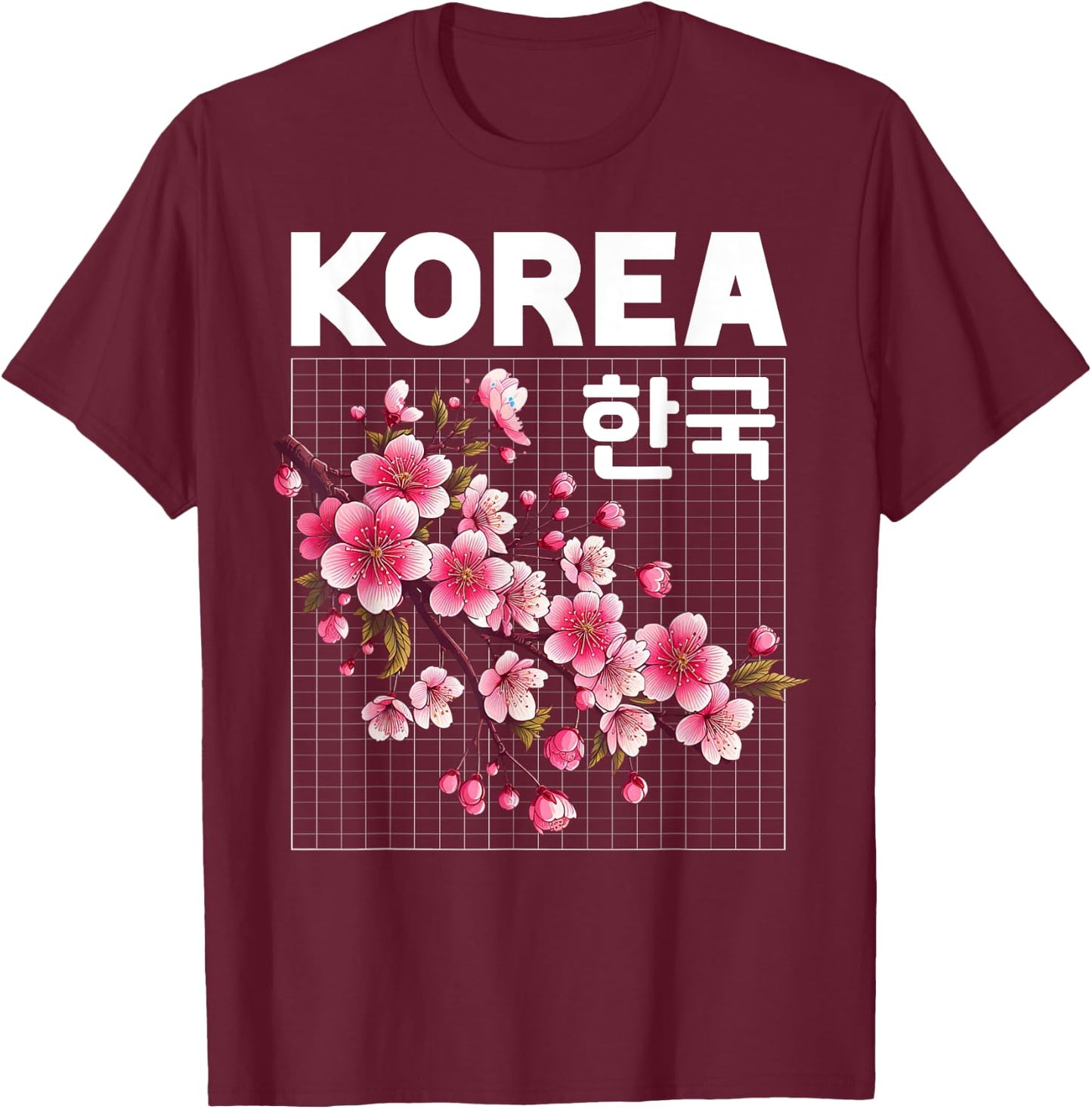 Korea Cherry Blossom Flowers Hangul Letters Grid Aesthetic T-Shirt - T-Shirt | Maroon
