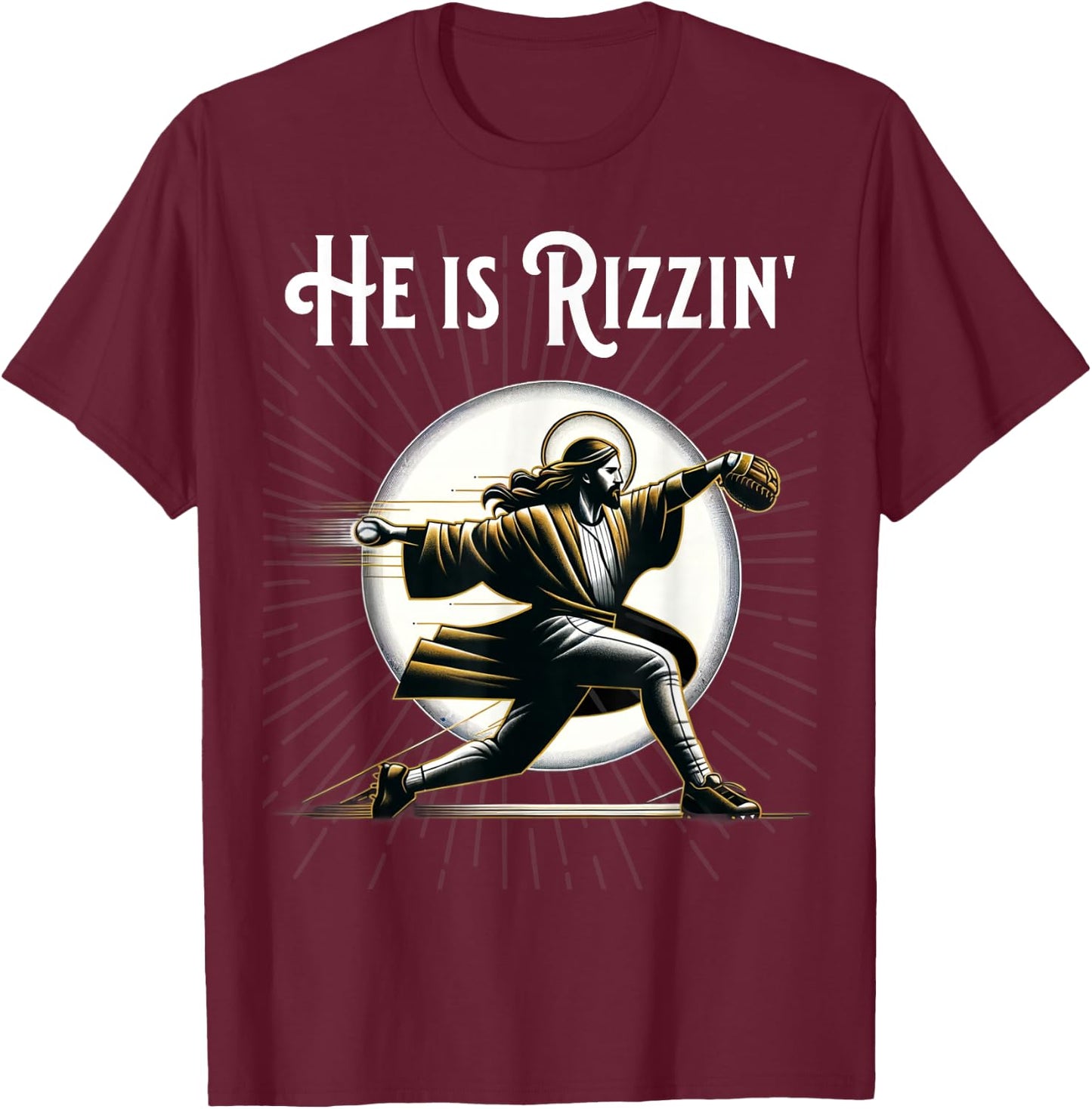Funny He is Rizzin Pitching Jesus Playing Baseball T-Shirt - T-Shirt | Maroon