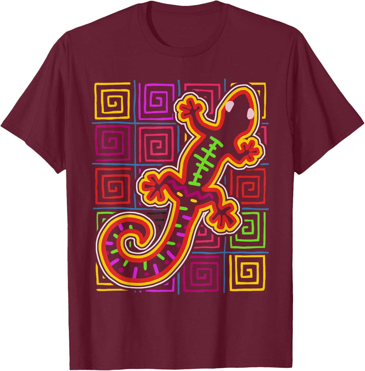 Gecko Lizard Mola Art by Panama Kuna Tribe T-Shirt - T-Shirt | Maroon