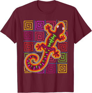 Gecko Lizard Mola Art by Panama Kuna Tribe T-Shirt - T-Shirt | Maroon