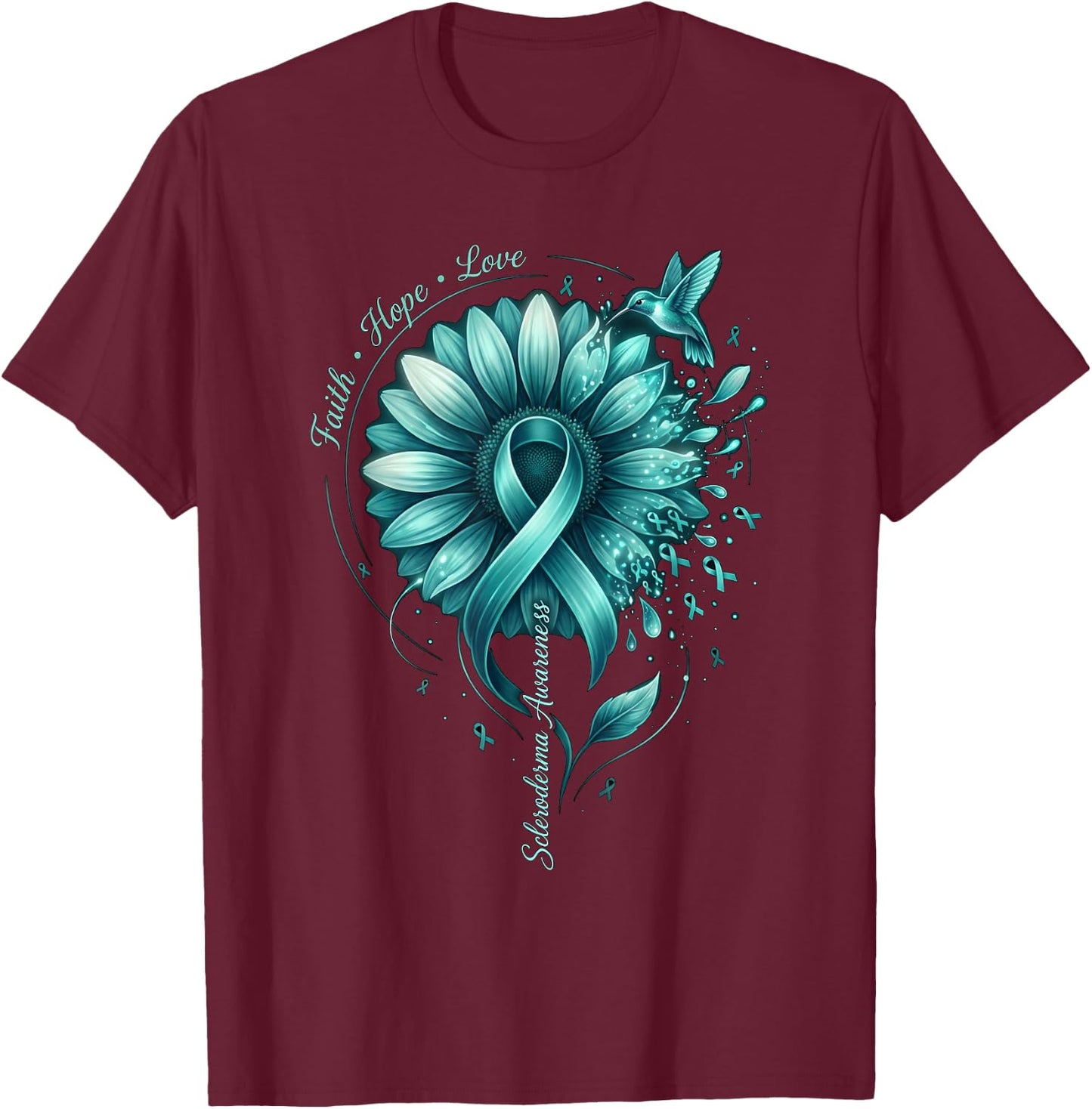 Teal Ribbon Hummingbird Scleroderma Awareness Sunflower T-Shirt - T-Shirt | Maroon