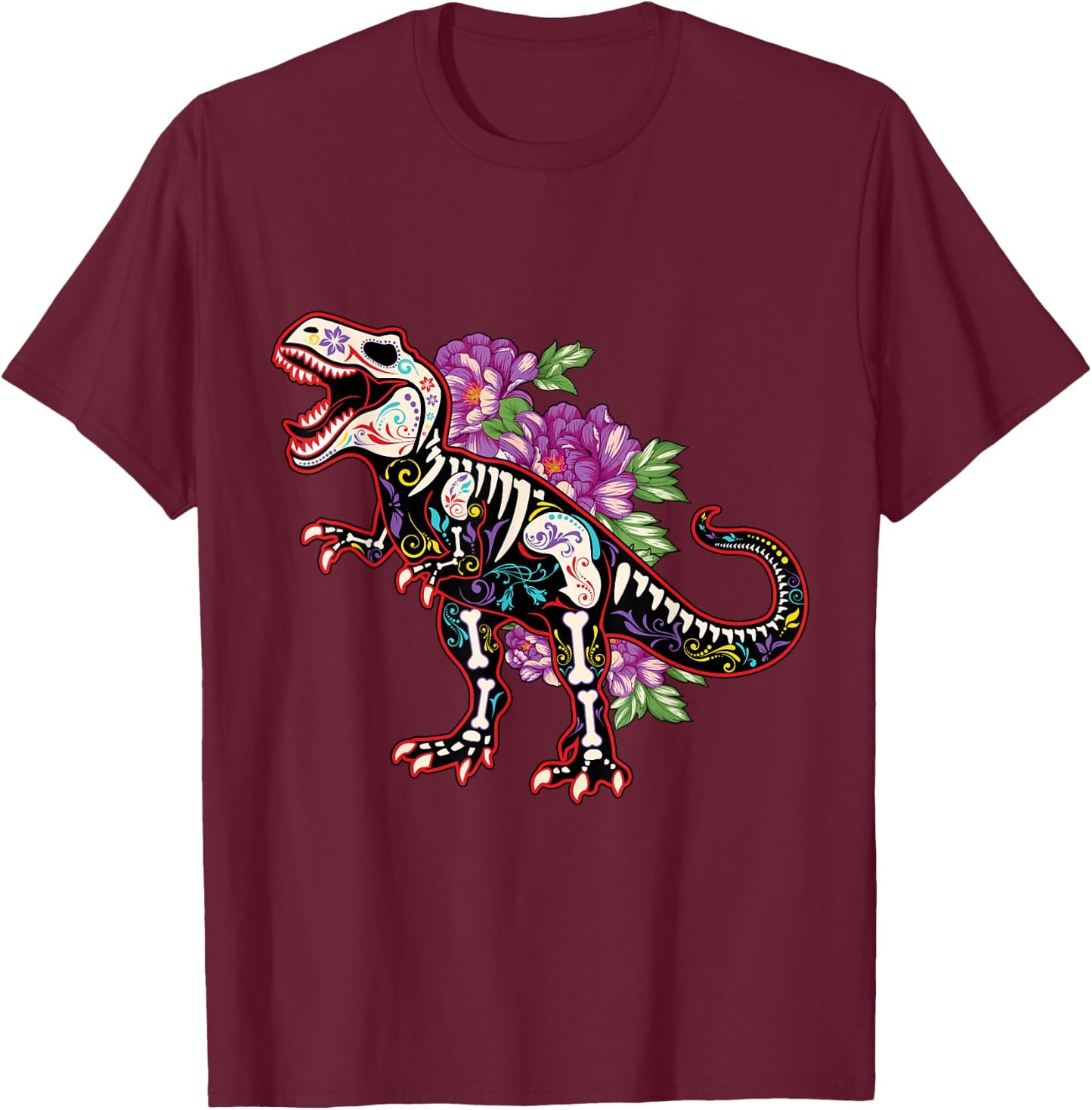 Skeleton Dinosaur Souls Day Of Dead Dia De Los Muertos T-Shirt - T-Shirt | Maroon