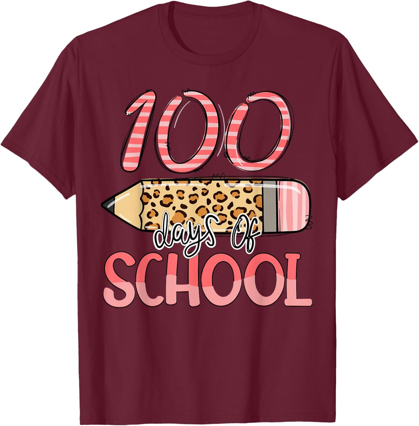 100 Days Of School Leopard Teacher Kids 100th Day Of School T-Shirt - T-Shirt | Maroon