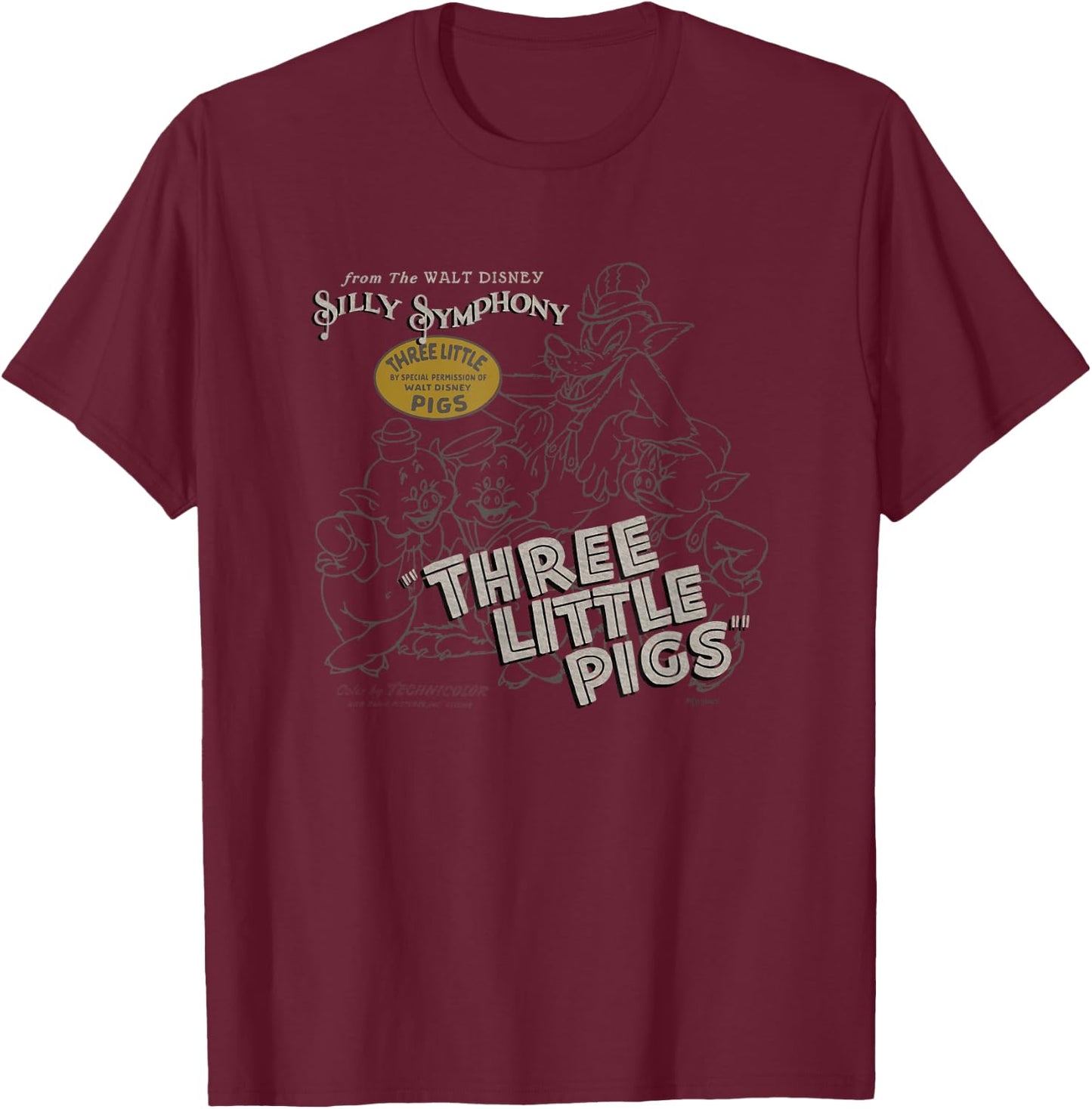 Disney 100 Three Little Pigs Silly Symphony Vintage D100 T-Shirt - T-Shirt | Maroon