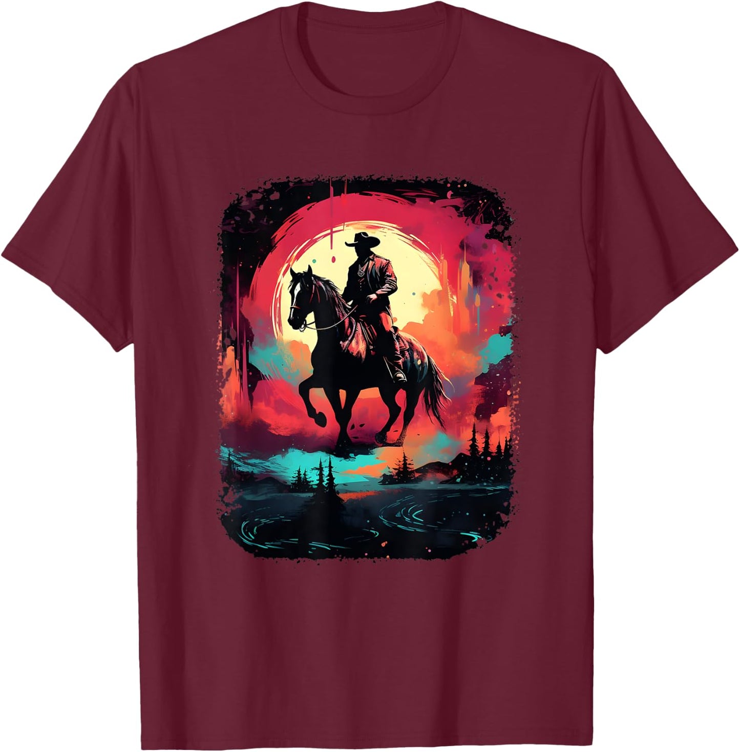Colorful Retro Horse Lover Riding Western Cowboy Rodeo T-Shirt - T-Shirt | Maroon