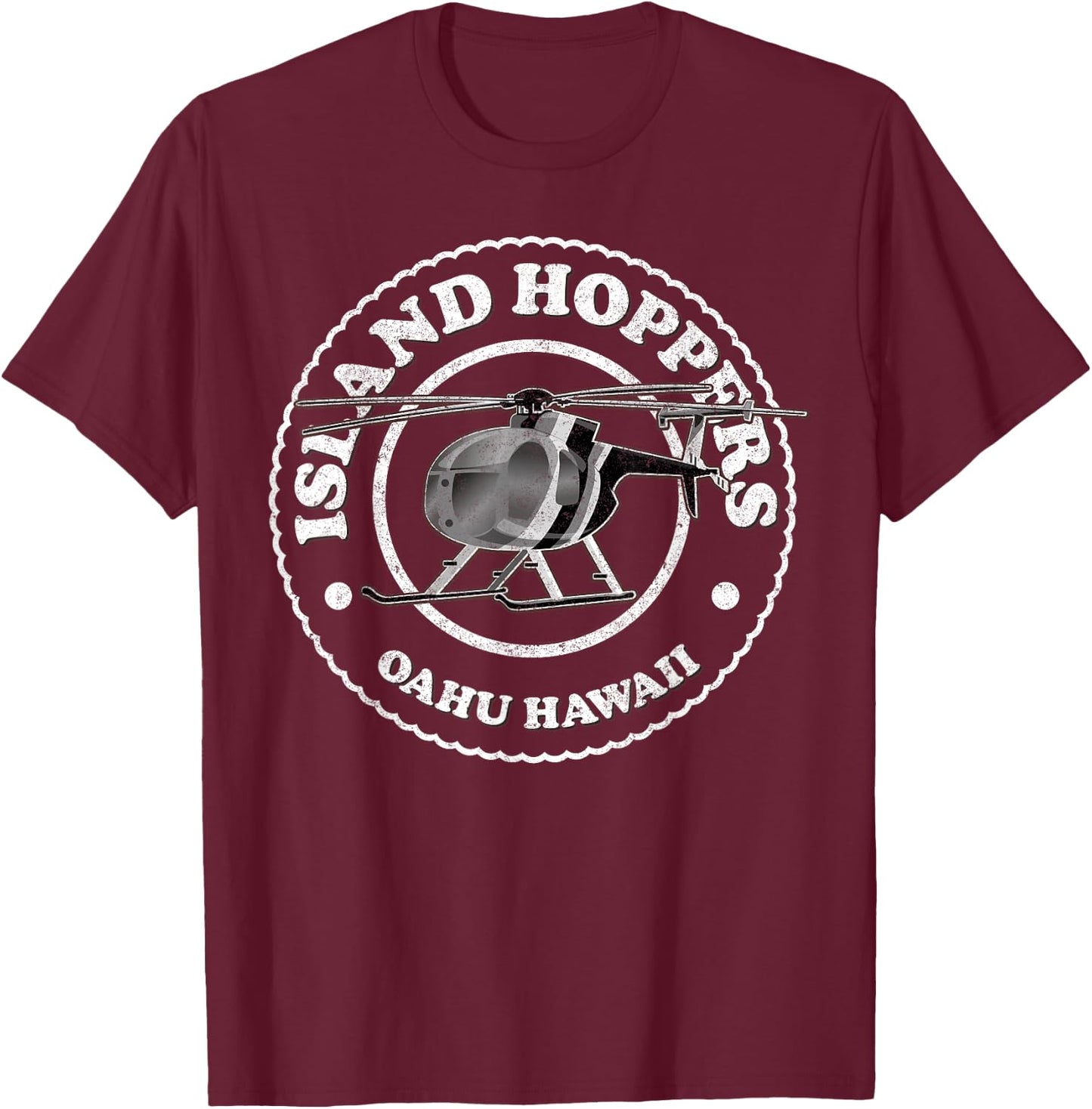 TC's Island Hoppers Helicopter Vintage Oahu Hawaii b/w T-Shirt - T-Shirt | Maroon