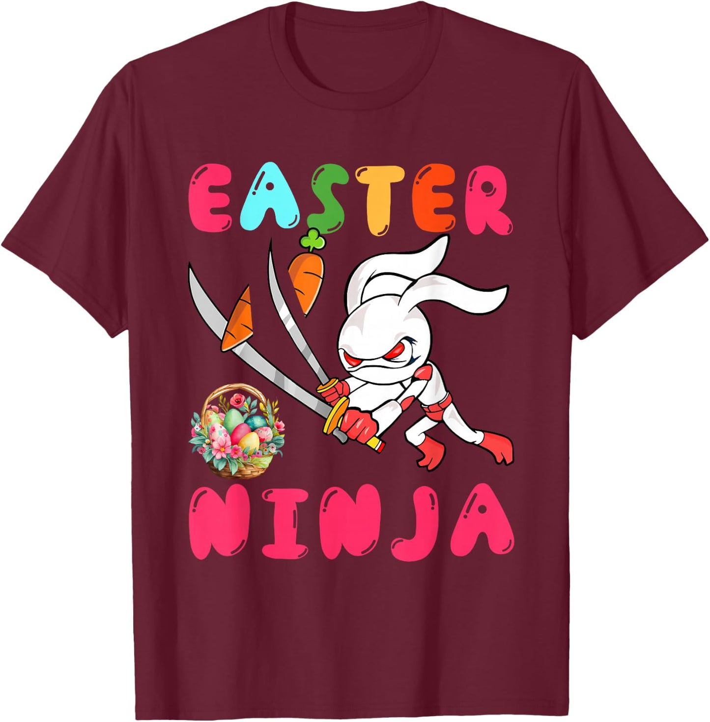 Easter Ninja Cute Bunny With Eggs Basket Costume Ninja Lover T-Shirt - T-Shirt | Maroon