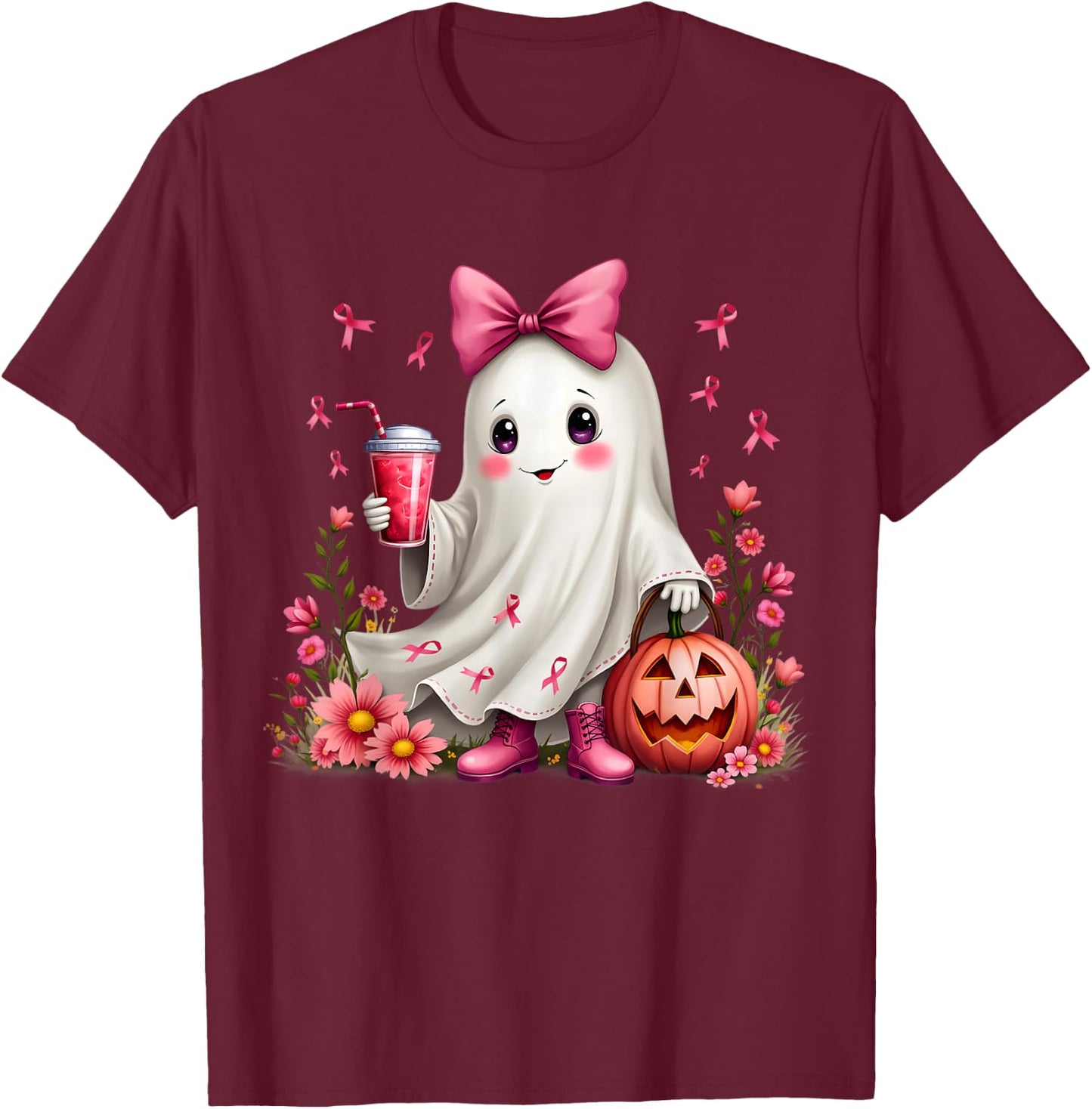 In October We Wear Pink Ghost Breast Cancer Awareness T-Shirt - T-Shirt | Maroon