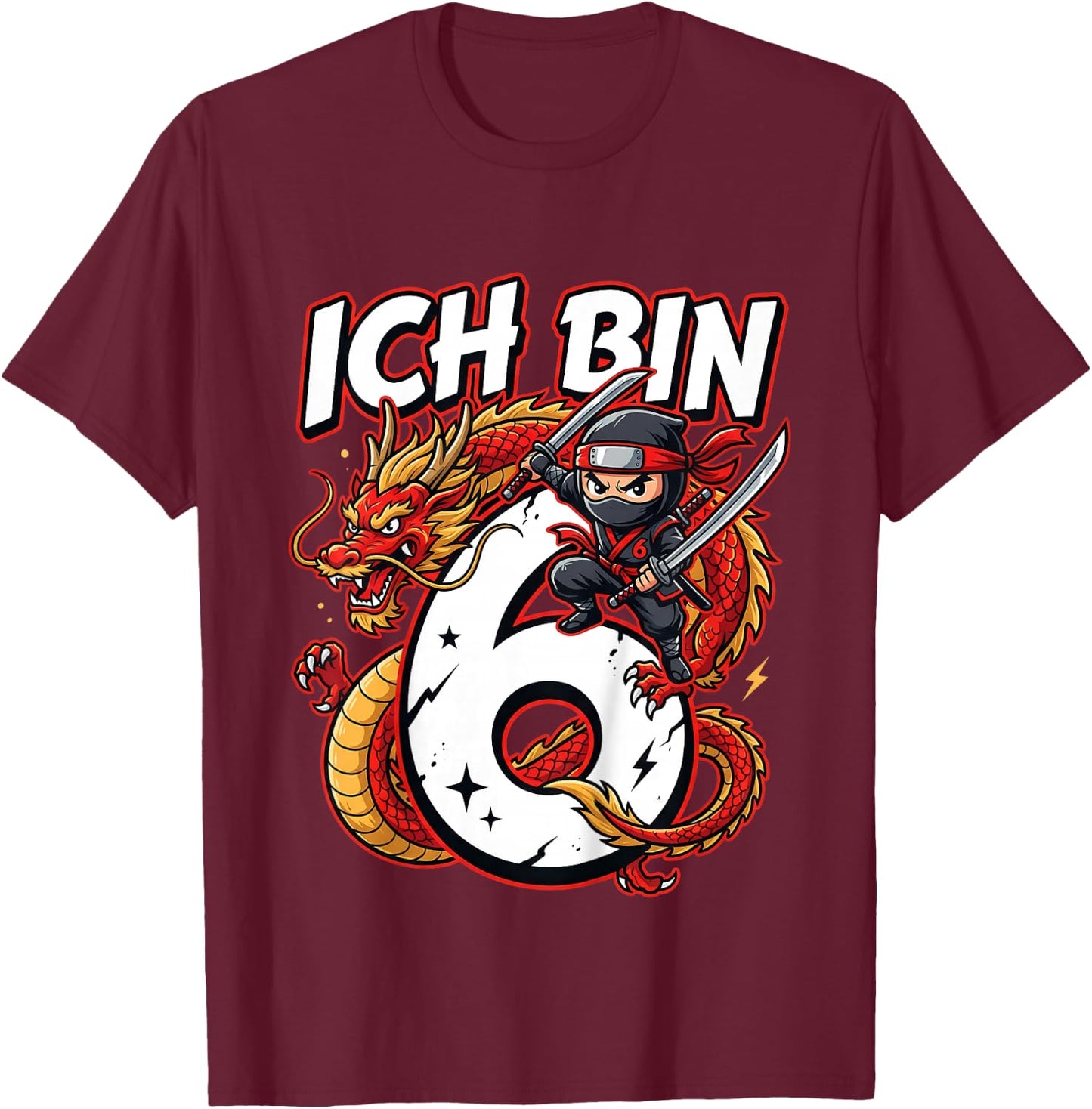 Cooler Ninja Geburtstag für Jungen mit Drache 6 Jahre T-Shirt - T-Shirt | Maroon