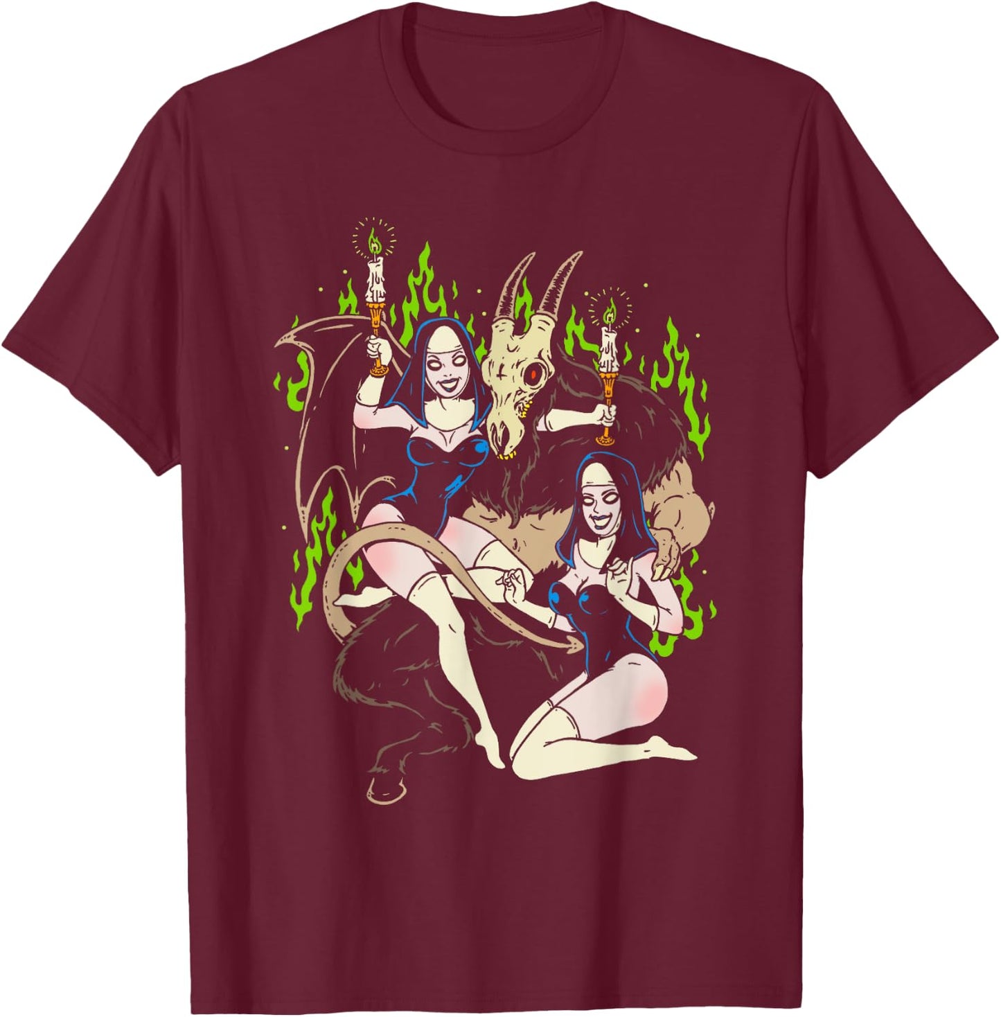 Baphomet Occult Goat Man Demon with Sexy Nuns T-Shirt - T-Shirt | Maroon