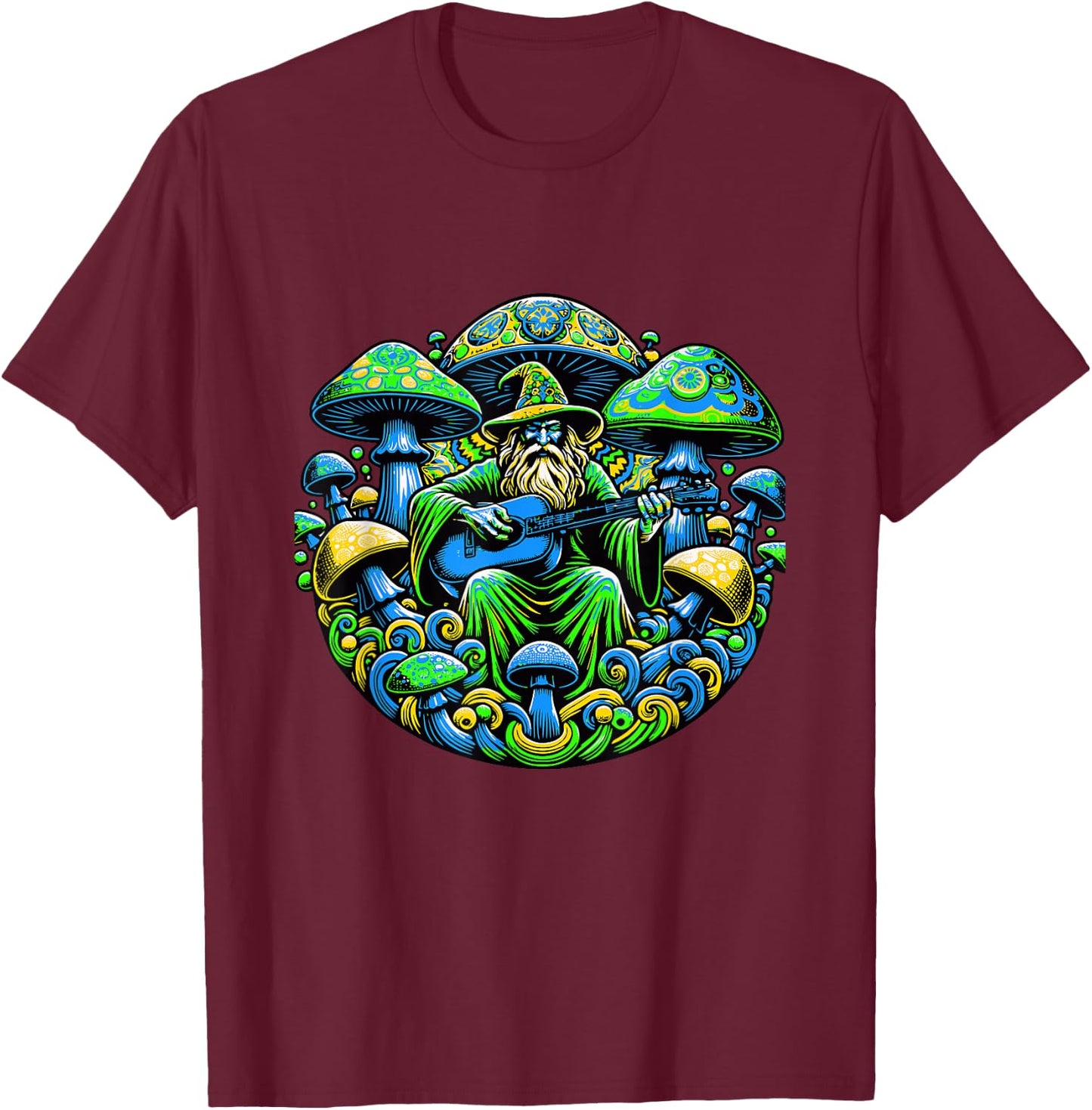 Psychedelic Trippy Rave Colourful Mushroom Guitar and Wizard T-Shirt - T-Shirt | Maroon
