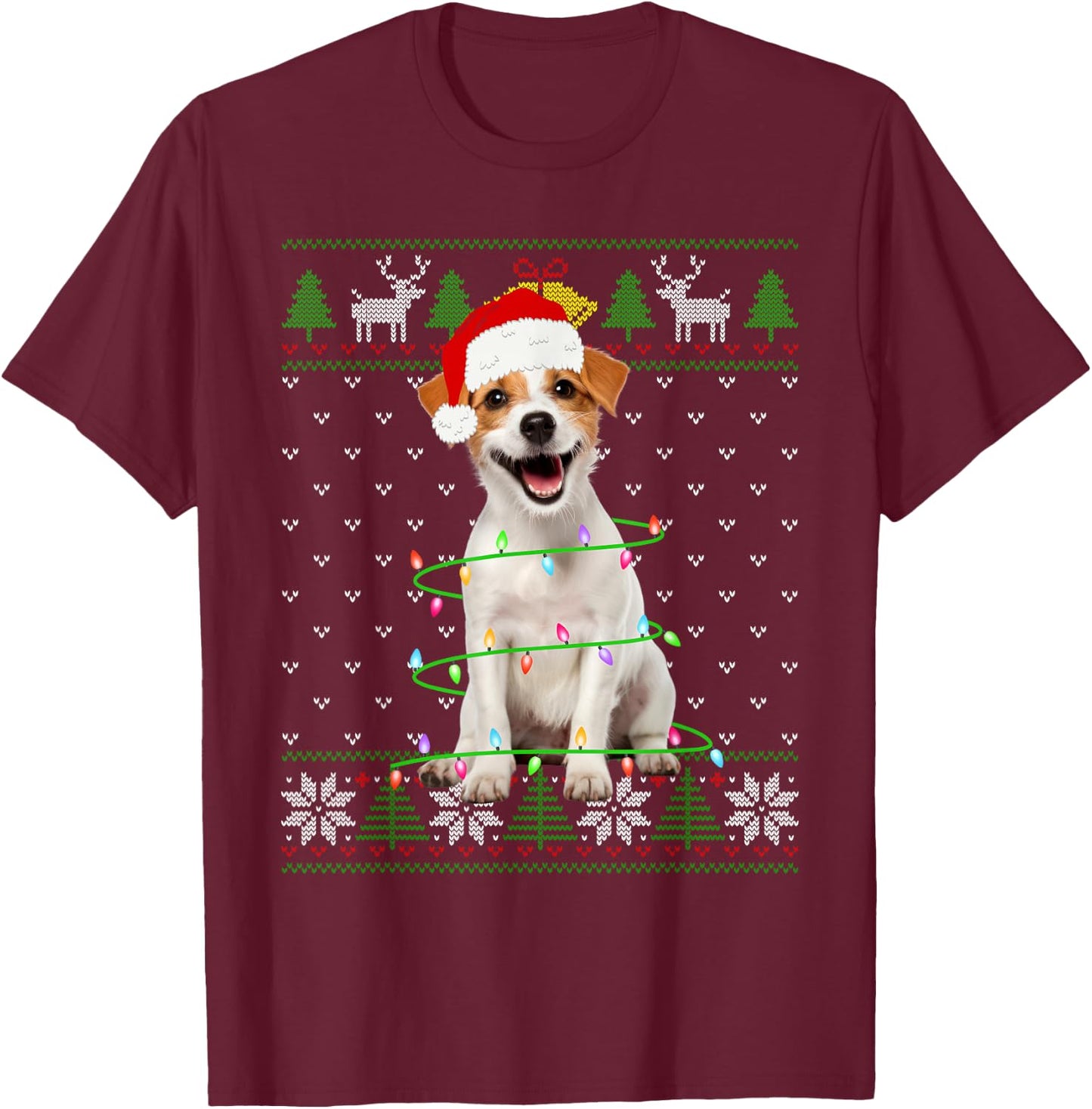 Jack Russell Terrier Dog Christmas Tree Lights Puppy Lover Men Women Kids T-Shirt - T-Shirt | Maroon