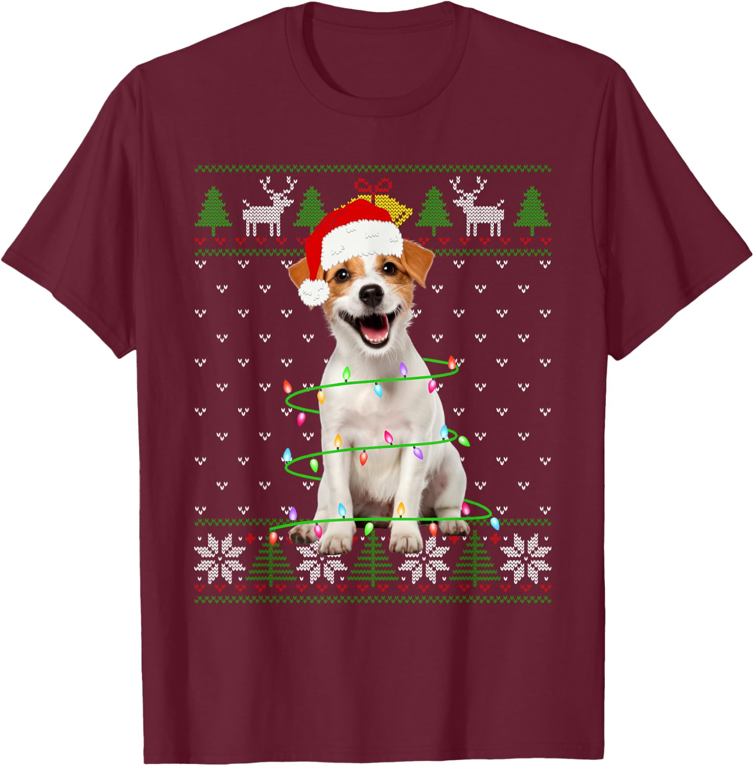 Jack Russell Terrier Dog Christmas Tree Lights Puppy Lover Men Women Kids T-Shirt - T-Shirt | Maroon