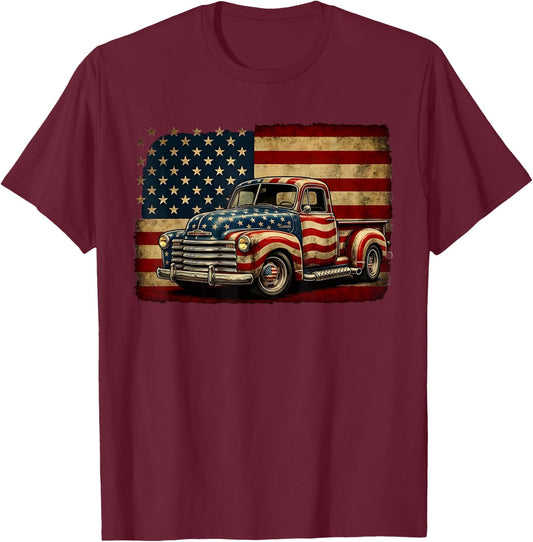 Classic Old Pickup Truck 4th of July Patriotic American Flag T-Shirt - T-Shirt | Maroon