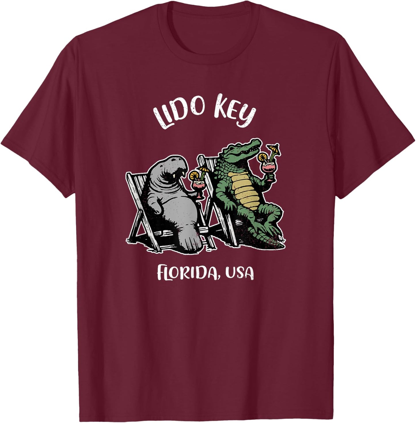 Lido Key Florida USA Funny Manatee and Alligator Design T-Shirt - T-Shirt | Maroon