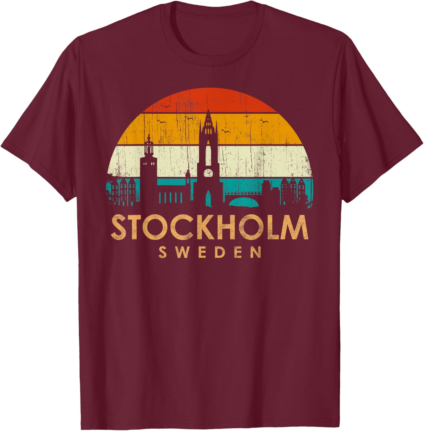Vintage Retro Style Landscape Sun Skyline Stockholm Sweden T-Shirt - T-Shirt | Maroon