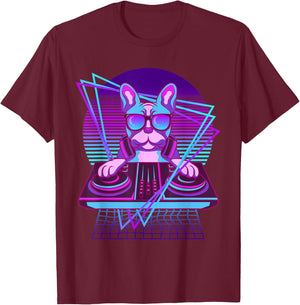 Vaporwave Bulldog DJ Turntable Sunglass French Bulldog Men Women T-Shirt - T-Shirt | Maroon