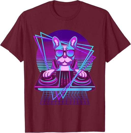 Vaporwave Bulldog DJ Turntable Sunglass French Bulldog Men Women T-Shirt - T-Shirt | Maroon