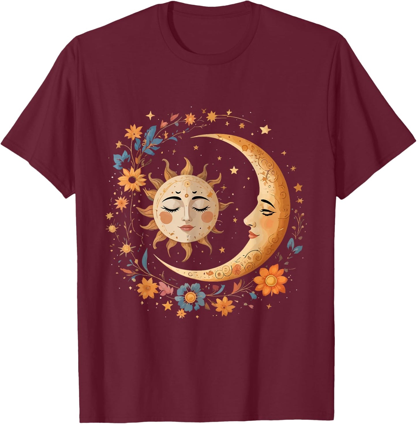 Vintage Celestial Sun Moon Boho Shirt Mystic Astrology Lover T-Shirt - T-Shirt | Maroon