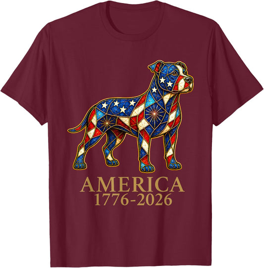 America 1776-2026 Pit Bull Patriotic US Flag USA Anniversary T-Shirt - T-Shirt | Maroon