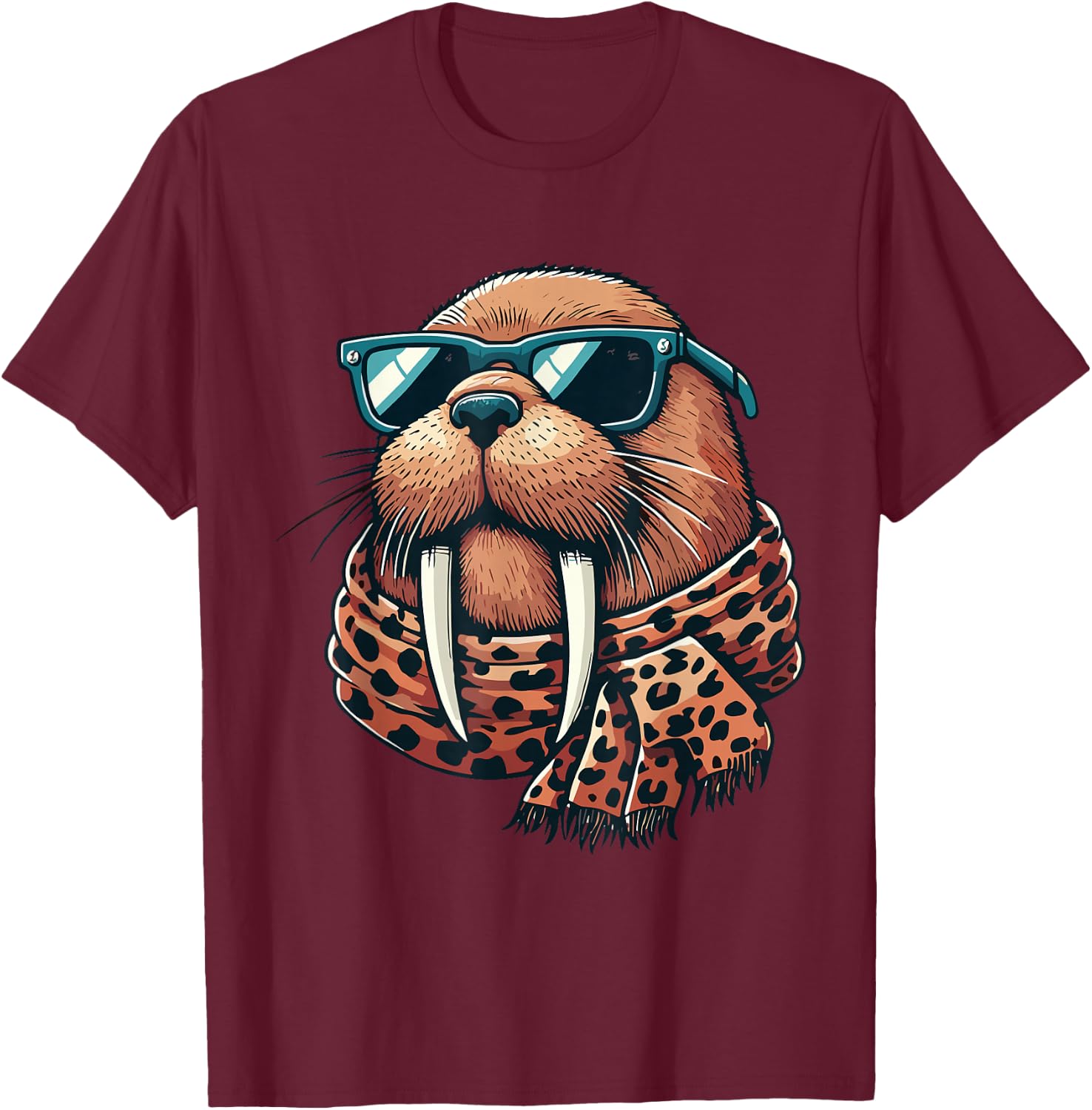 Walrus Wearing Leopard Scarf Animal Wearing Sunglasses T-Shirt - T-Shirt | Maroon